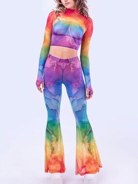 Badinka Rainbow Marble Mesh Set – Bell Bottom Pants + Crossed Sleeve Top-S